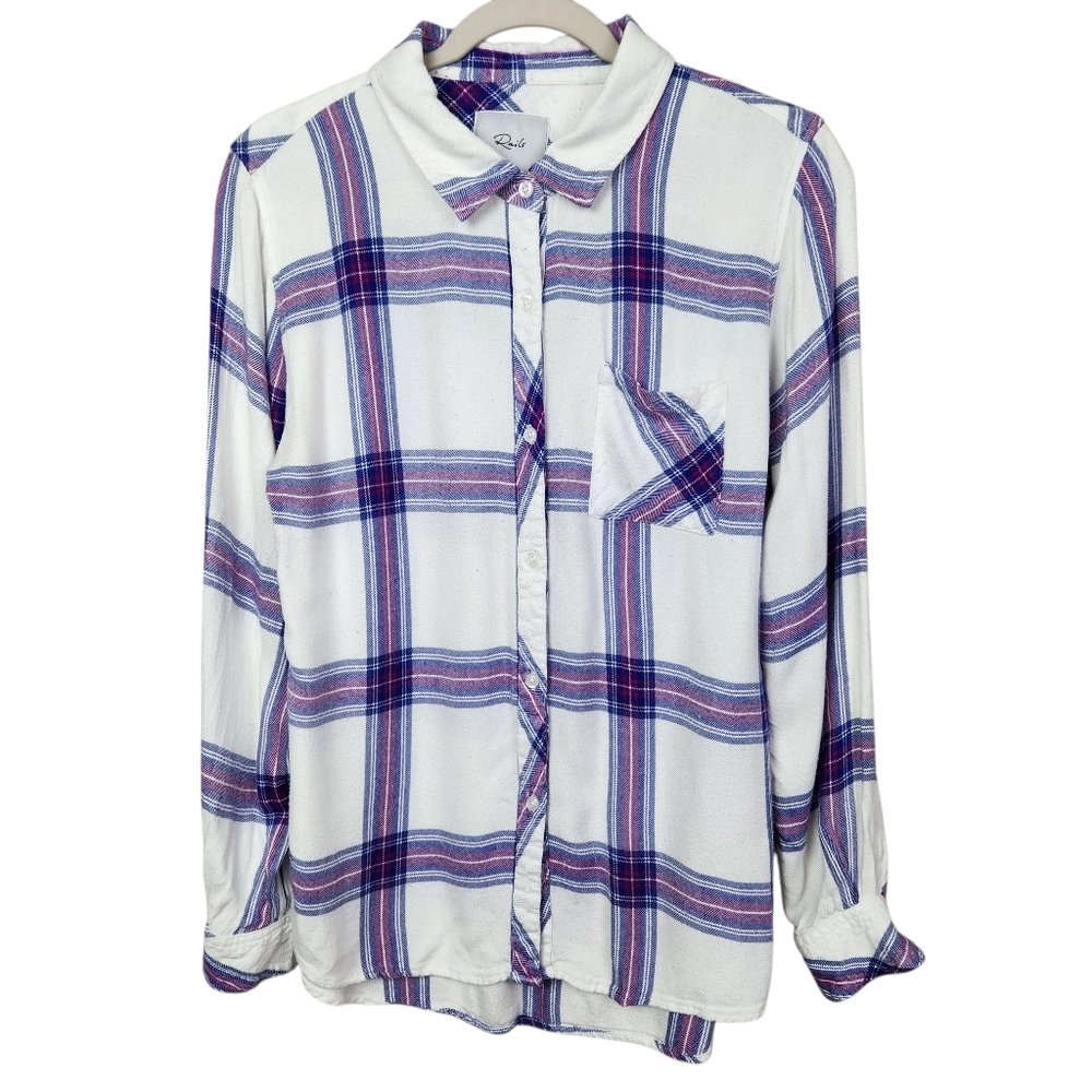 Rails Hunter Flannel Plaid White Navy Violet Button Down Shirt Womens Size M
